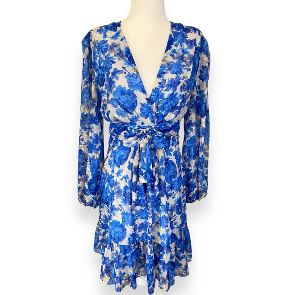 Alex Marie Simone Cobalt Floral Print Puff Sleeve Tiered A-Line V-neck Dress - Picture 2 of 8